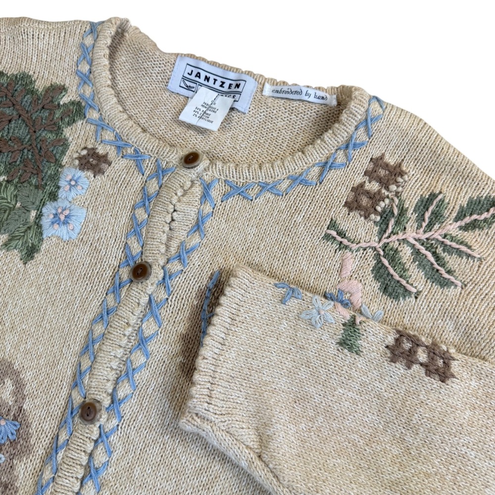 Jantzen Cardigan Women Large Hand Embroidered Fall Florals Cotton Ramie Vintage